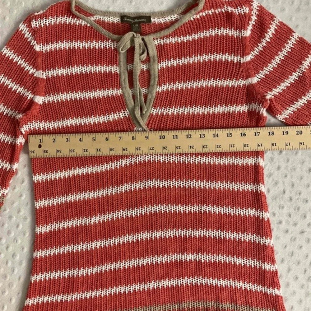 Tommy Bahama‎ Knit Sweater Women Large Orange Striped Tie Neck 3/4 Sleeve